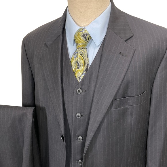 Alfani 3pc Suit Mens 42L 33W 31L Black Pinstripe 3 Button Wool Formal Timeless